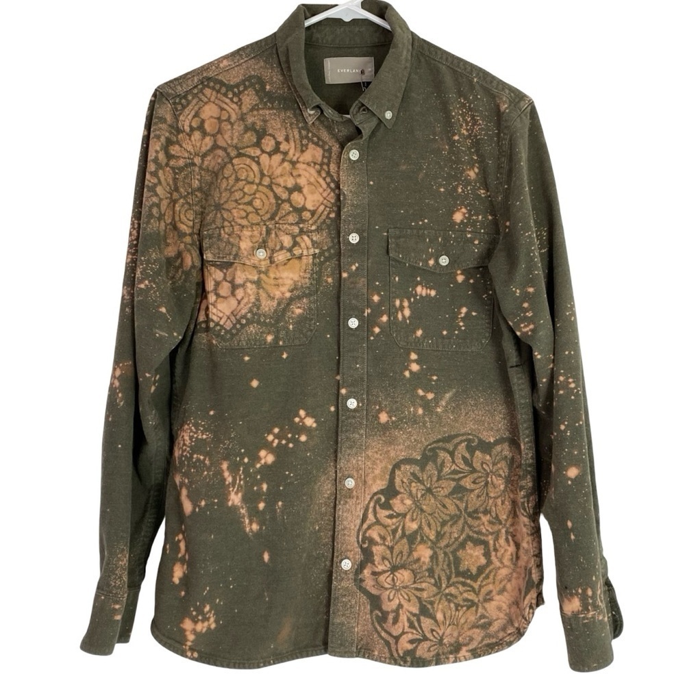Upcycled Flannel Shirt Mens Size Medium Boho Stencil Bleached Handmade Green
